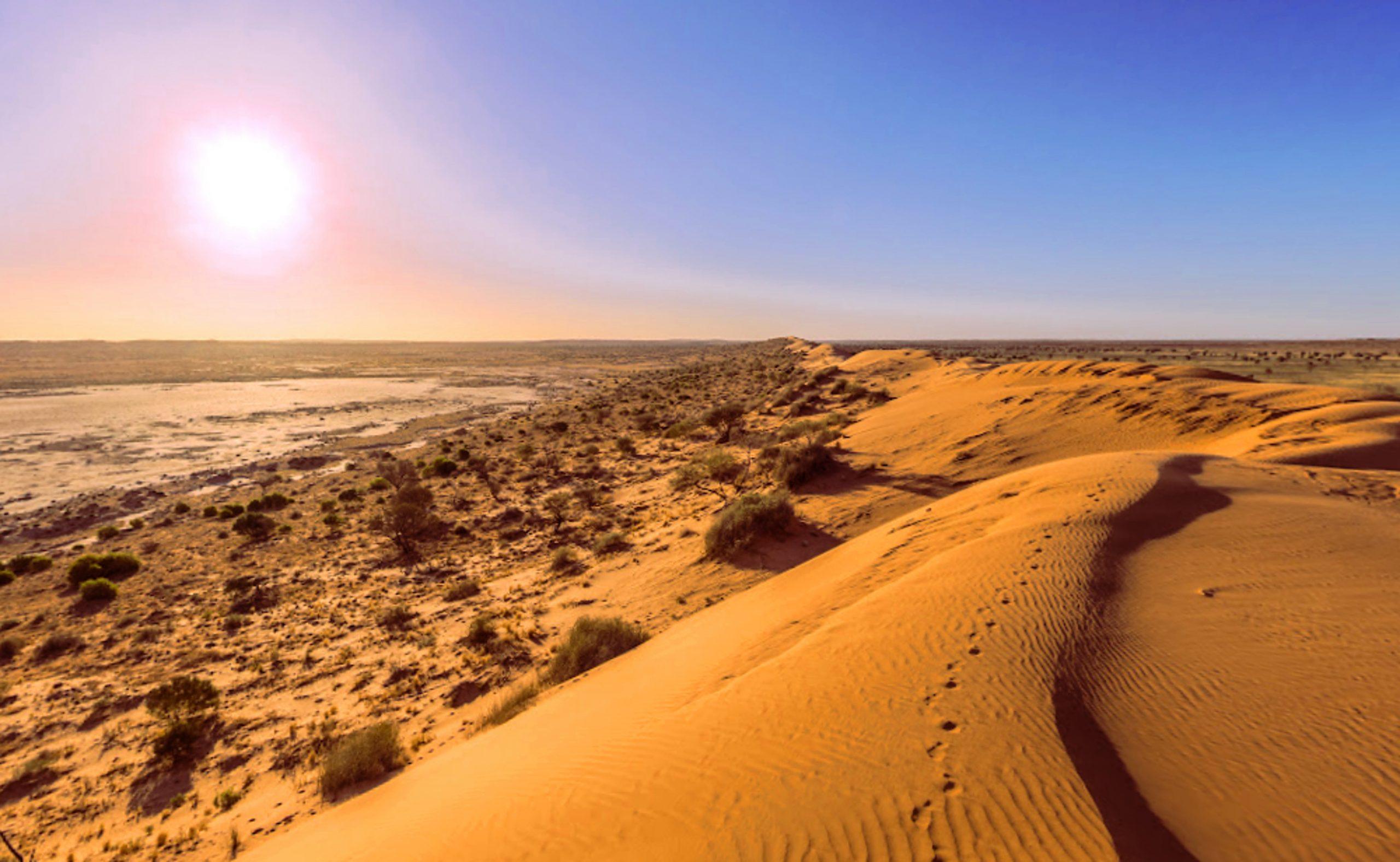 Vista del atardecer desde la gran duna de arena roja. Desierto de Simpson, Queensland, Australia.