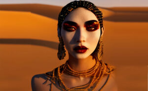 砂漠で化粧をする女性