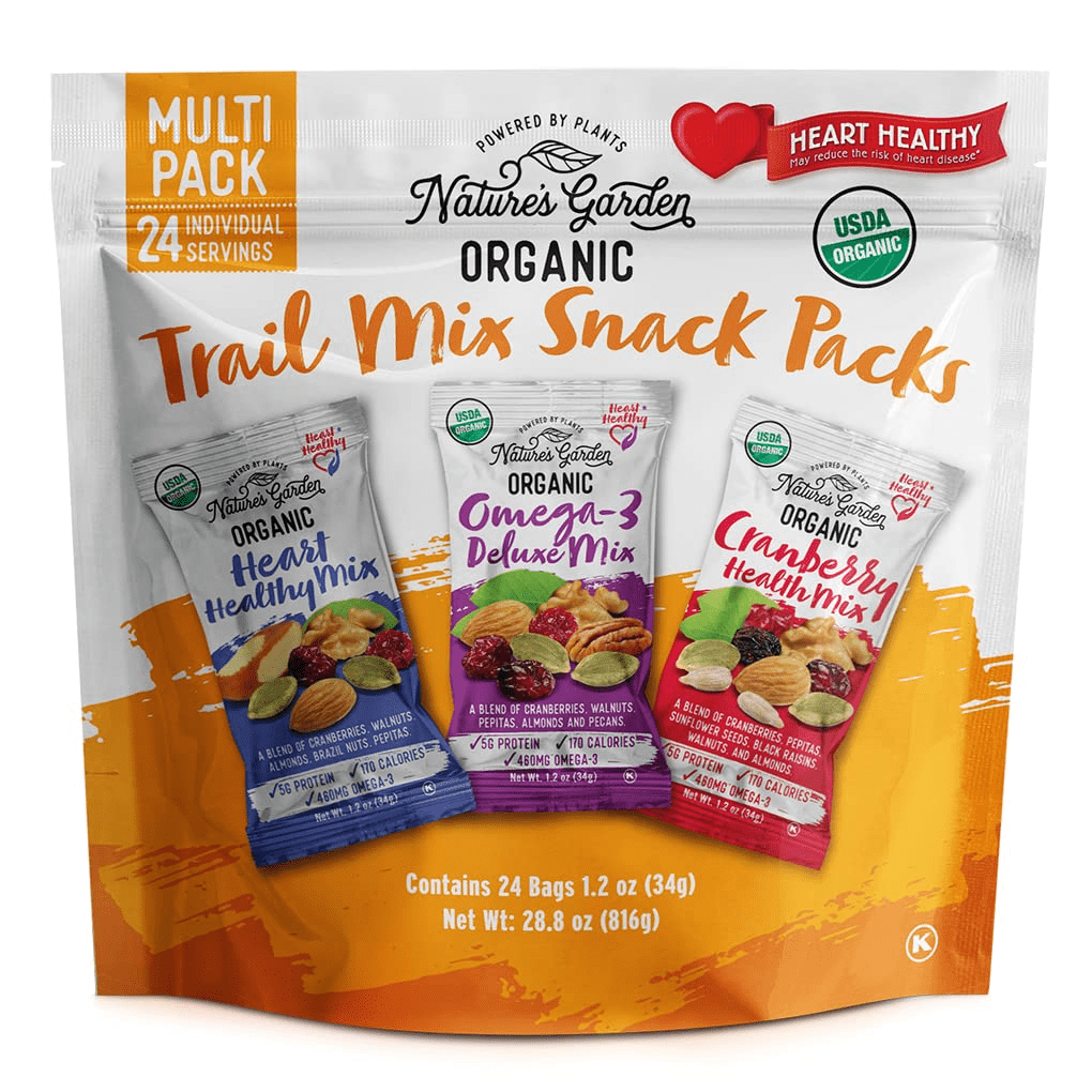 Nature's Garden Organic Trail Mix Snack Packs - Trail Mix Variety, Energy Boosting, Heart Healthy, Omega-3 Rich, Cranberries, Pumpkin Seeds, Individual Packs, Family
