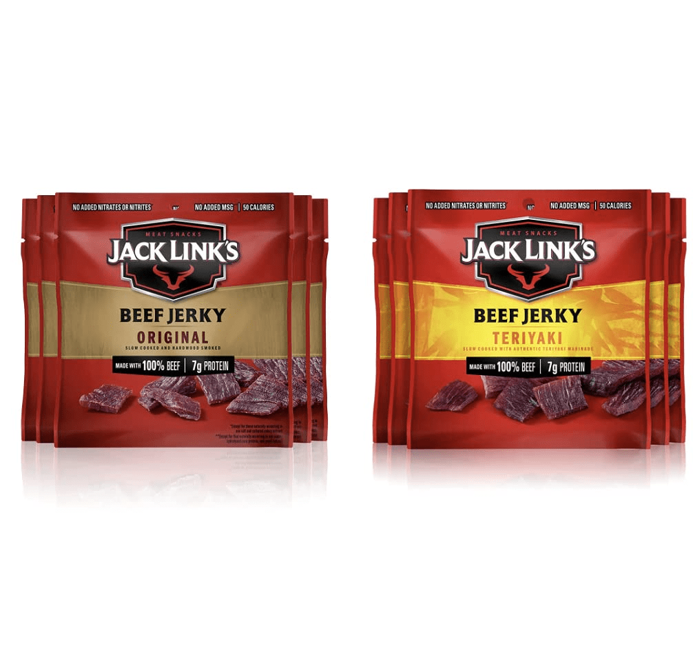 Jack Link's Beef Jerky, Original + Teriyaki – Flavorful Meat Snack for Lunches, Ready to Eat Snacks, Made with 100% Beef – 0.625 Oz Bags (Pack of 10)