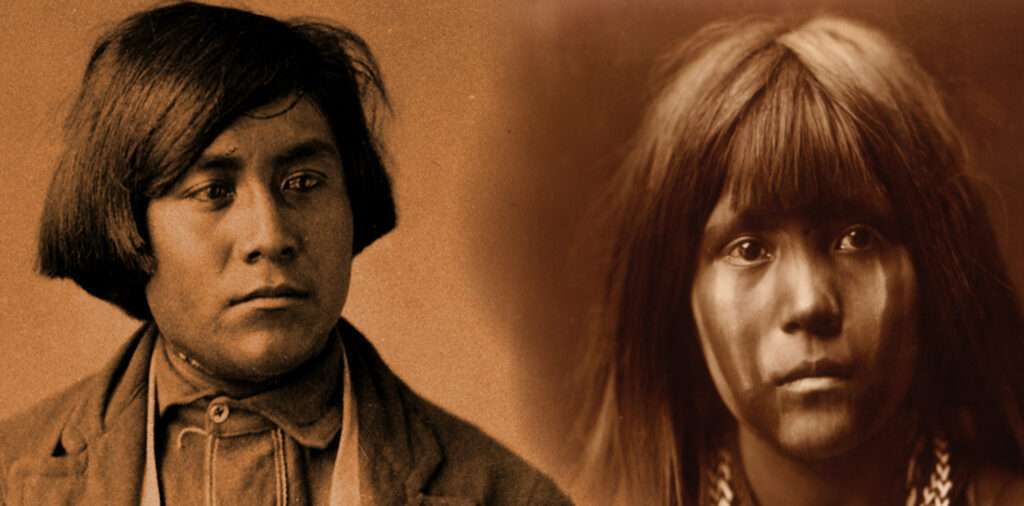 Historic portraits of a young Mojave man from 1872 (left) and woman from 1903 (right). Public Domain.