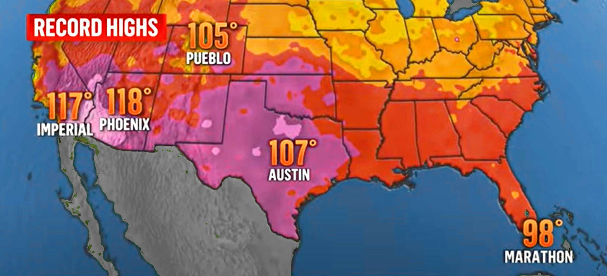 A map of the United States showing the cities that have hit record high temperatures during the recent heatwave.