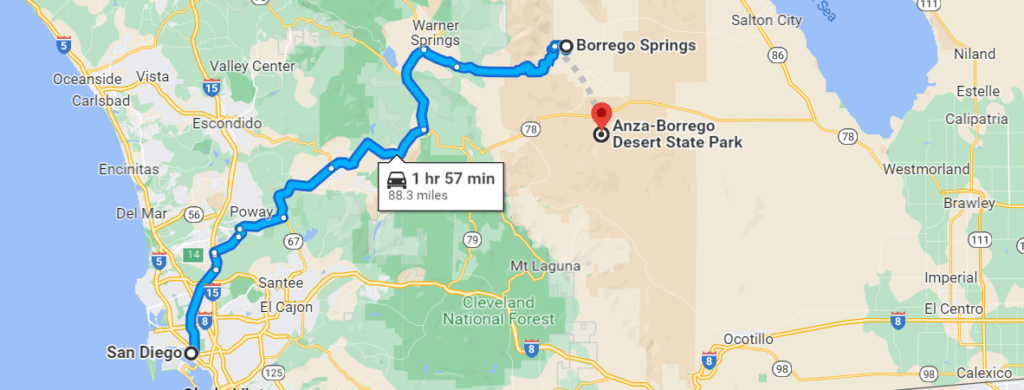 Directions from central San Diego to Borrego Springs and Anza-Borrego Desert State Park. Google Maps.