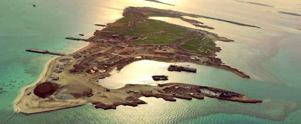 Aerial view of Sindalah, a luxury island resort in Neom, Saudi Arabia
