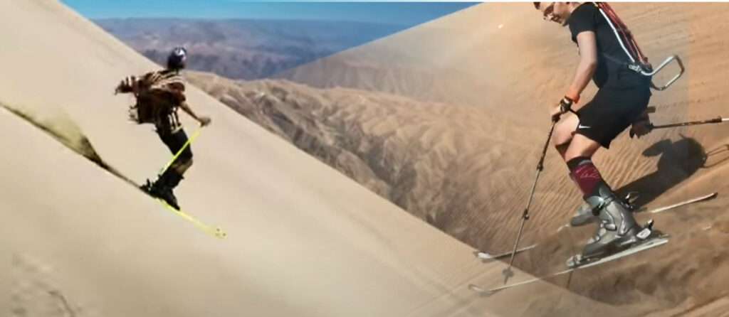 People skiing on sand dunes