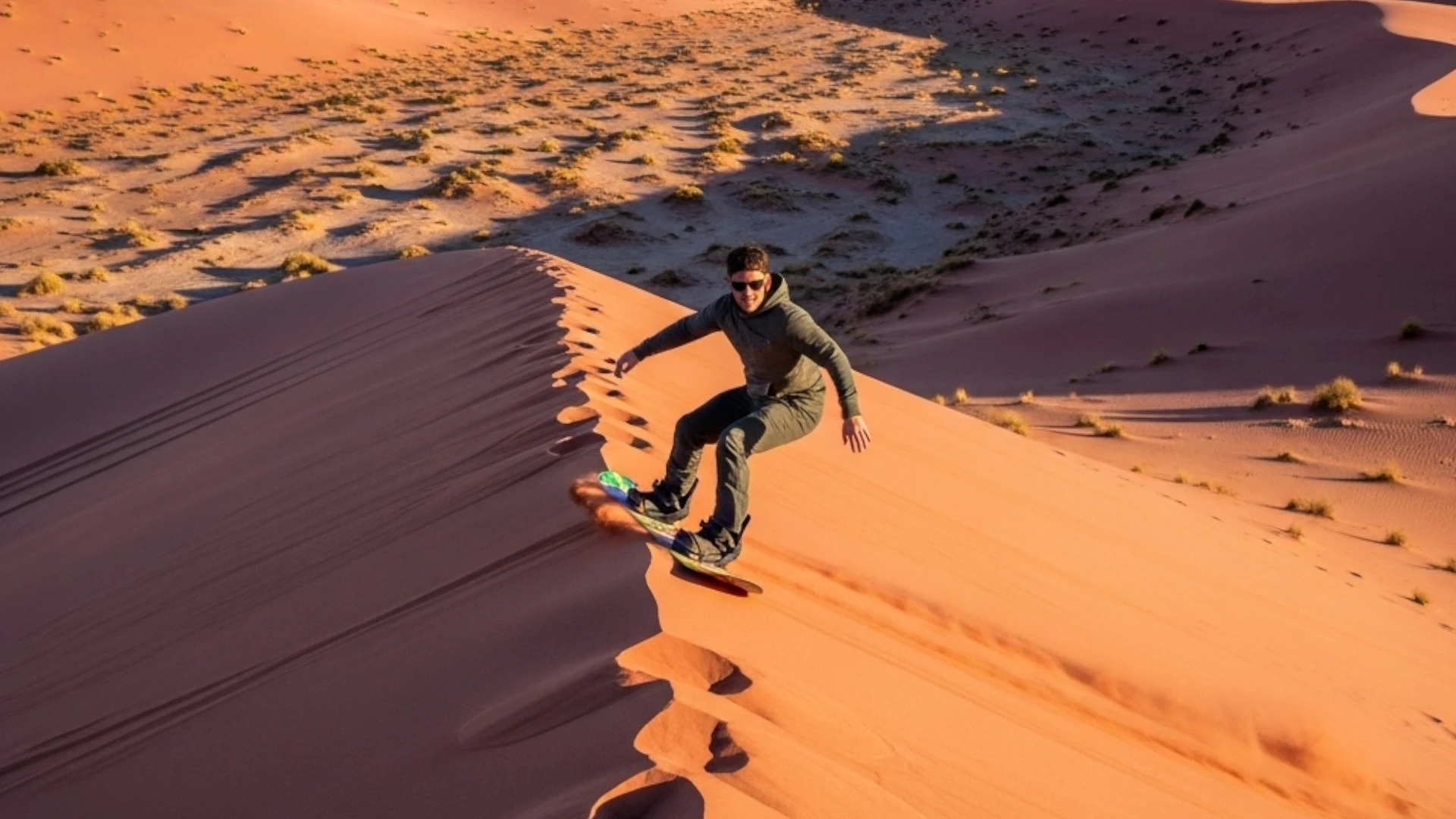 Man sandboarding at Coral Pink Sand Dunes, Utah.
