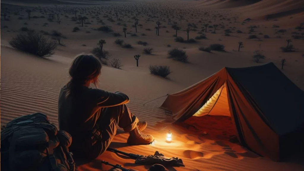 Woman camping in the desert at night