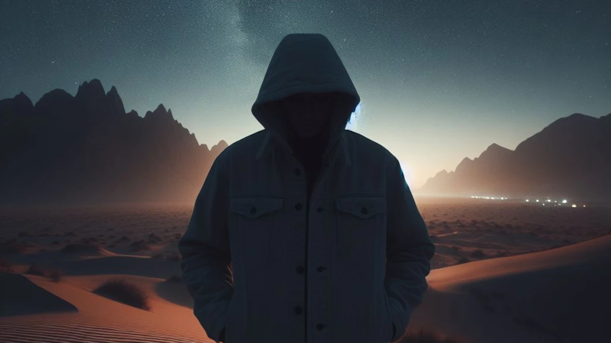 Person wearing a jacket in the desert at night