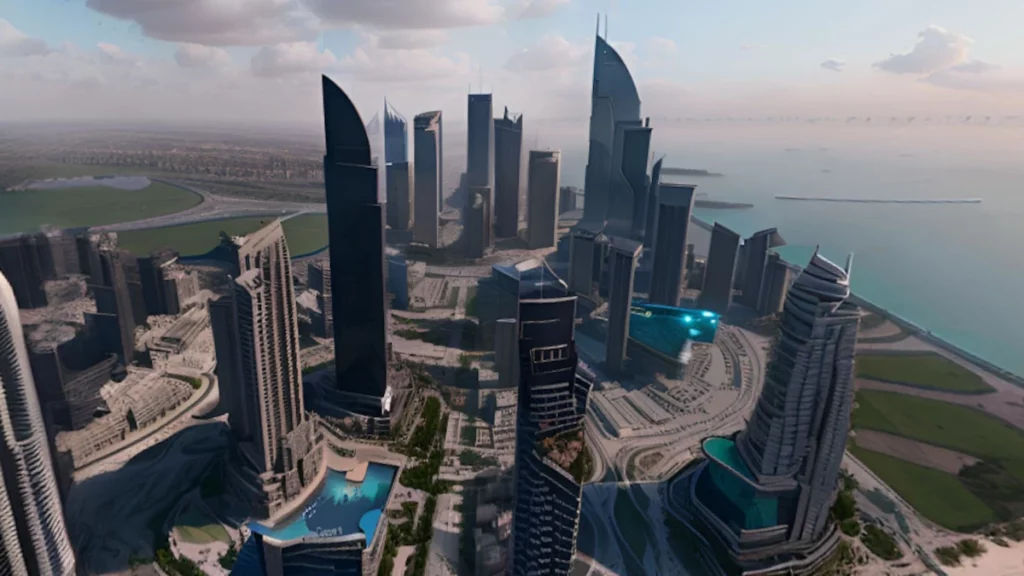 Aerial view of Dubai and the Burj Khalifa