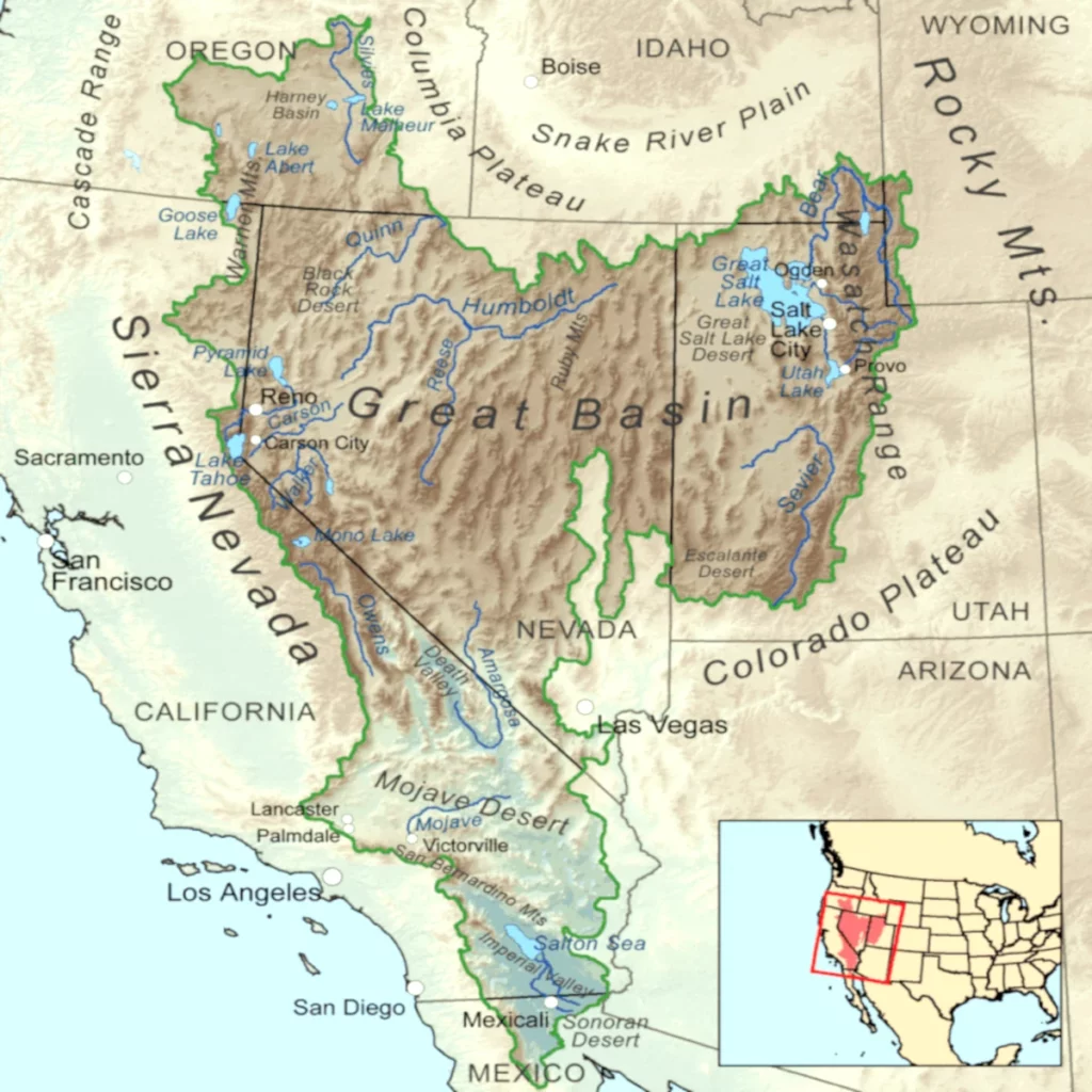 Map of the Great Basin desert, the largest desert in the USA