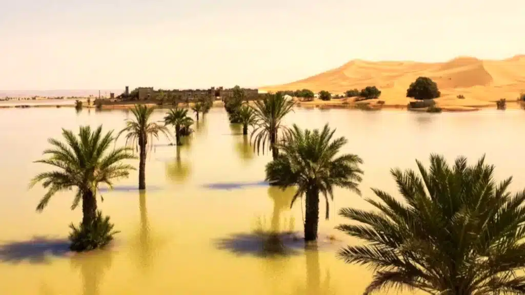 Flooded palm trees in the Sahara Desert after rare rainfall
