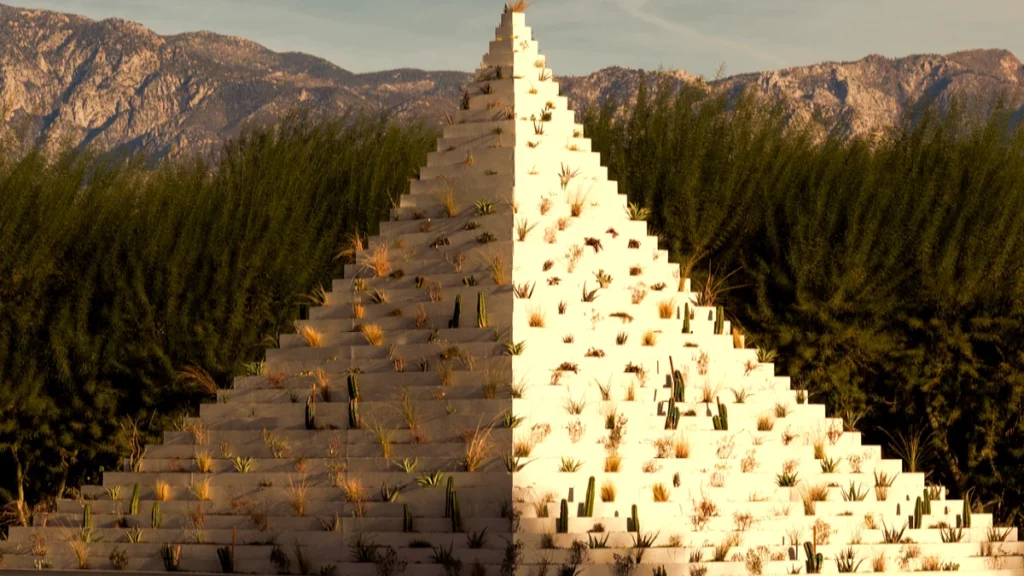 Desert X 2025 installation view of Agnes Denes' The Living Pyramid at Sunnylands Center & Gardens