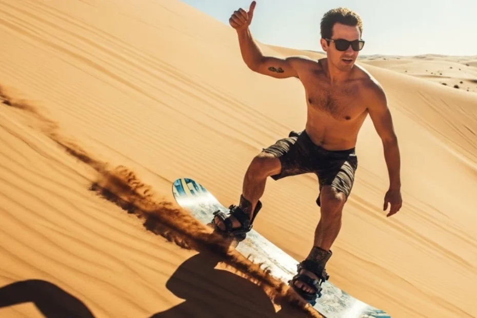 Man Sanndboard descendo uma duna de areia no deserto com o polegar para cima