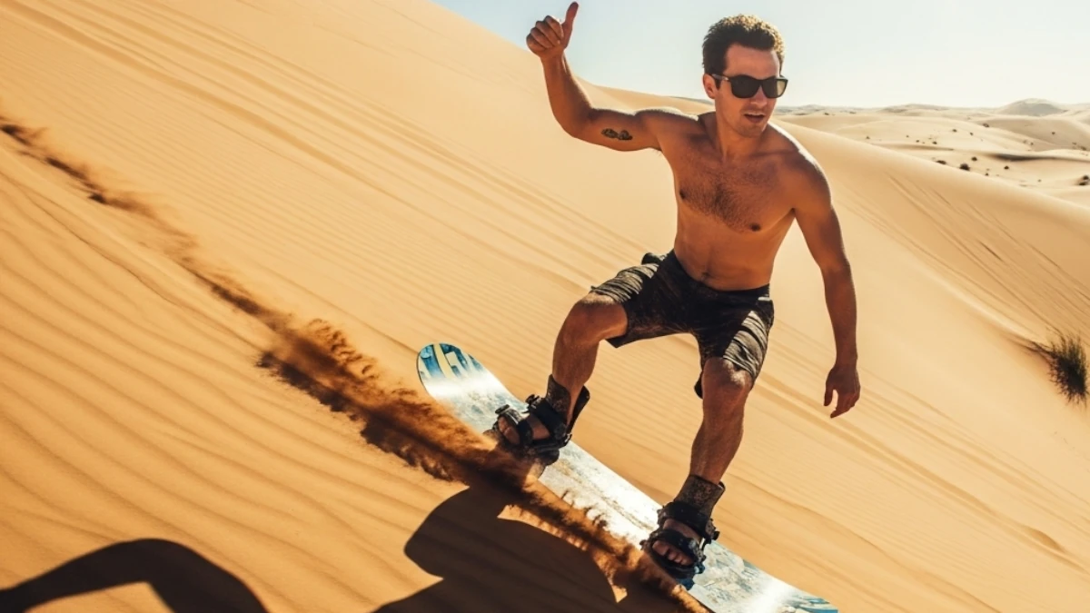 Hombre listando por una duna de arena en el desierto con el pulgar hacia arriba